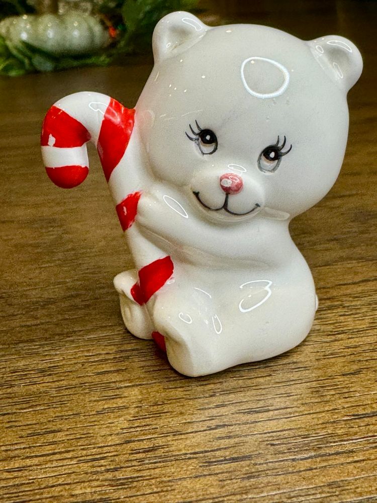 Mini Vintage Ceramic Russ Berrie Candy Cane Christmas Bear Figurine Made Korea