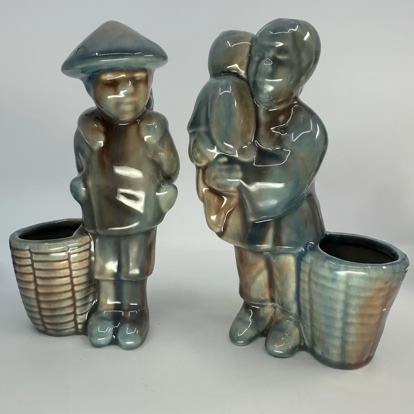 Gorgeous Blue Glazed Oriental Couple Planters Set/2