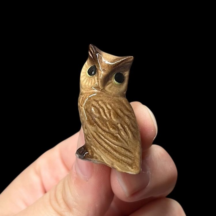 Ceramic Owl Miniature Figurine, Small Brown Owl Figurine, Mini Ceramic Owl