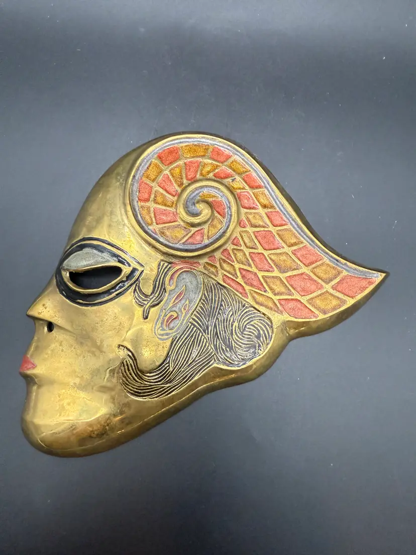 Vintage Brass and Enamel Mask Wall Hanging