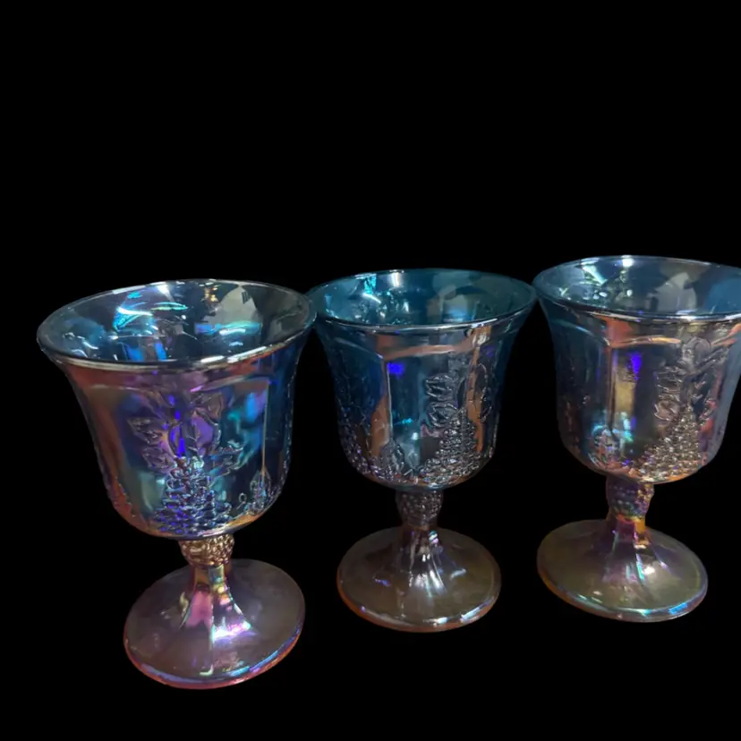 5 Blue Carnival Glass Wine Goblets