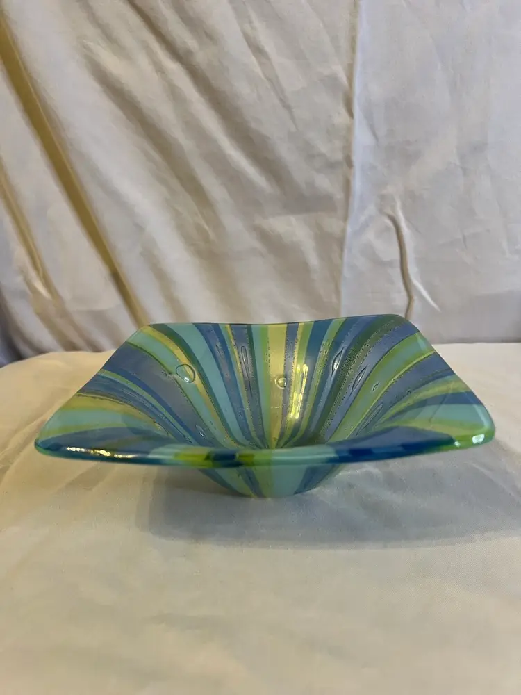 Higgins Glass Roman Stripe Blue Green Fused Glass Bowl