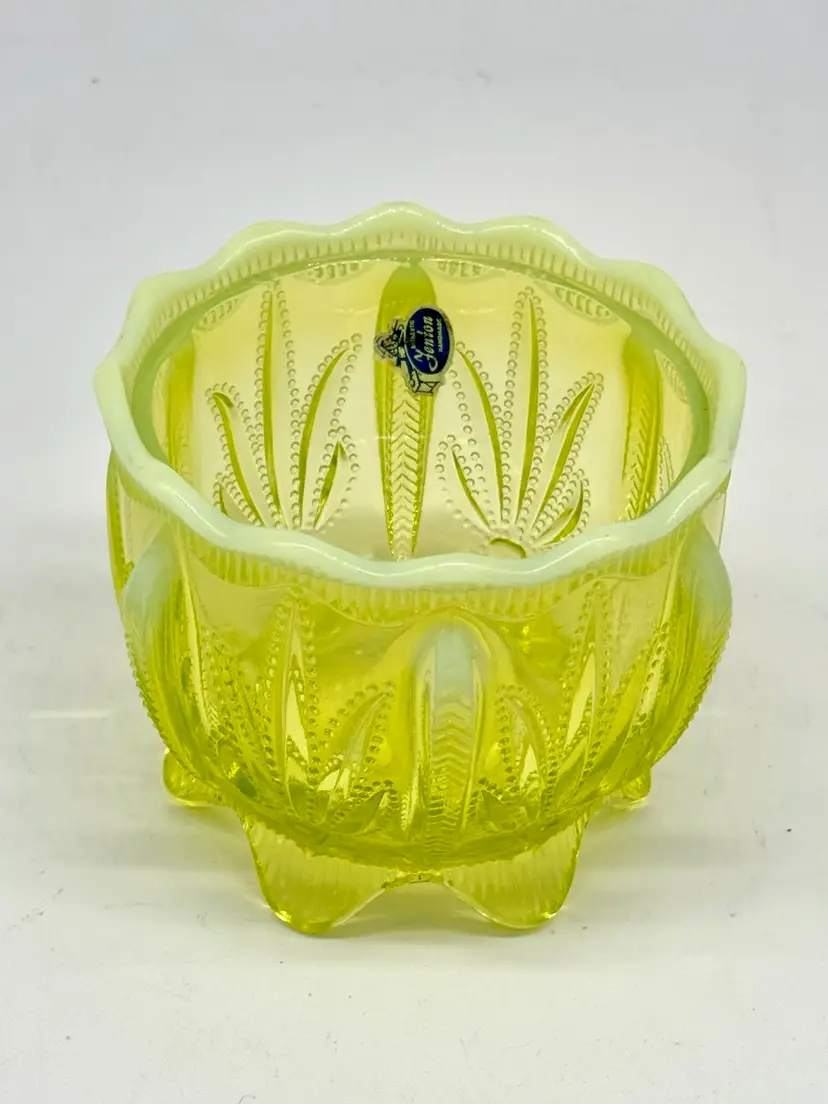 015.  Vintage Fenton Cactus Pattern Rose (or Open Sugar) Bowl Topaz Opalescent Vaseline Art Glass Apx 4x4 ca 1959/1960 Magnificent Glow! W Label