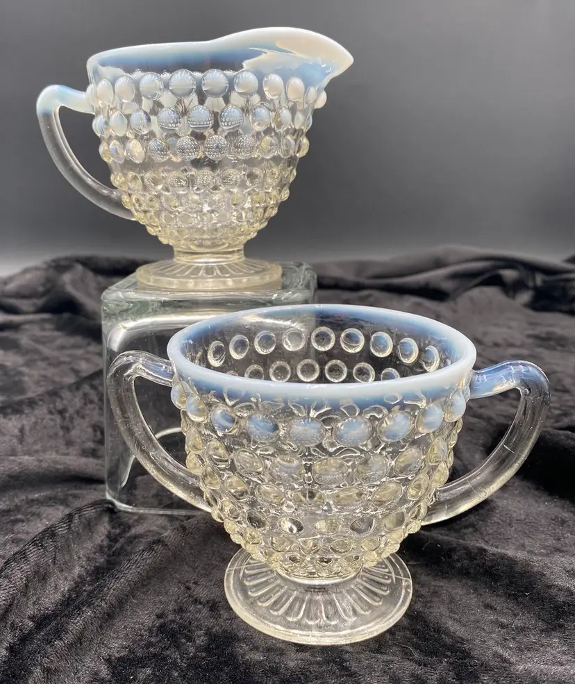 Vtg. (1940s) Anchor Hocking Moonstone Clear Opalescent, Hobnail Creamer & Sugar
