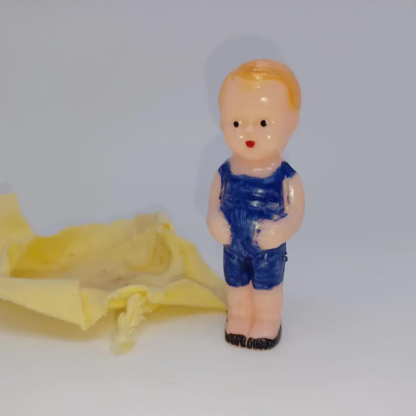 Vintage 3-in Celluloid doll boy in blue jumper