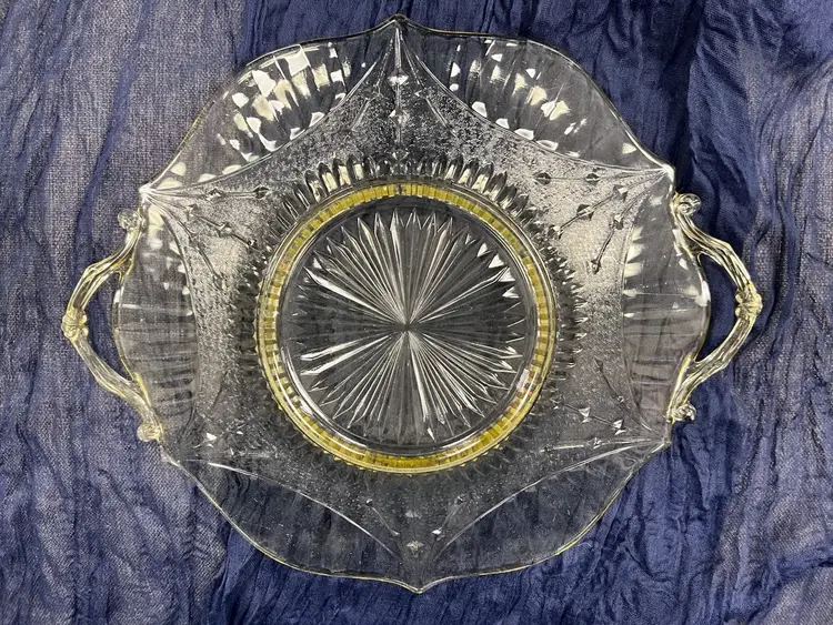 Vintage Pressed Glass Platter with Handles and Sunburst
Pattern
