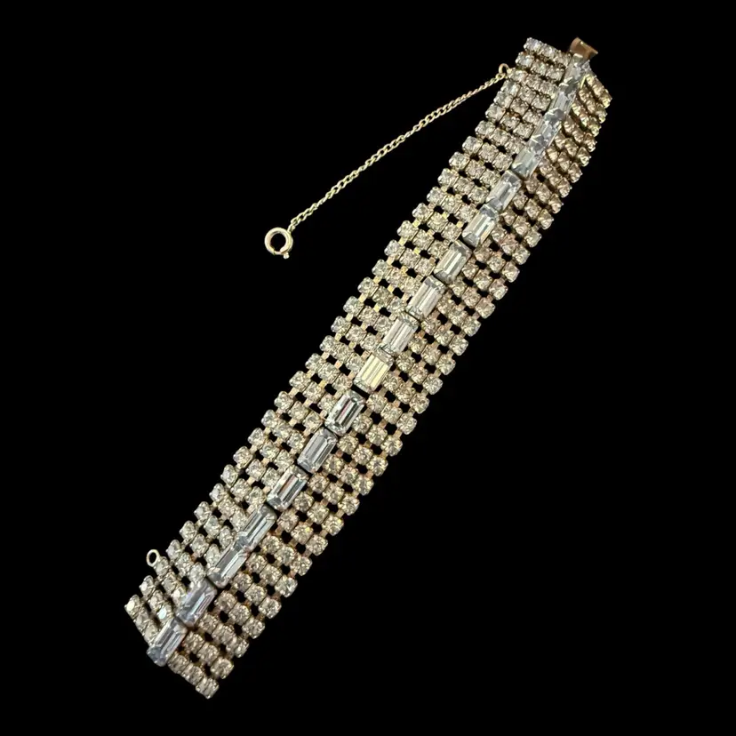 Blue Rhinestone Emerald Cut Center Line Bracelet 7.5”
