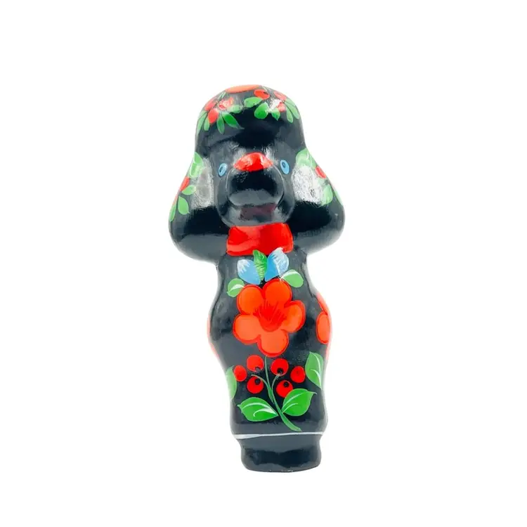#01 7.5” POODLE KHOKHLOMA FIGURINE Hand-Painted Wood Russian Folk Art Floral Design Red, Orange, and Green 7.5" X 6”
