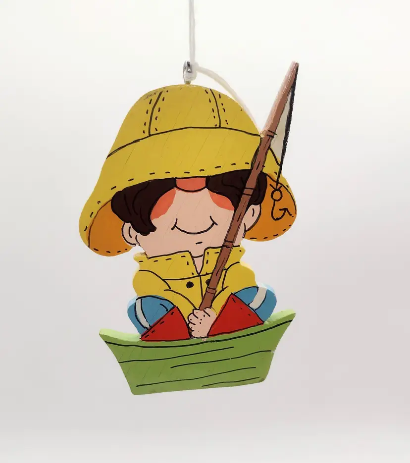 Vintage 80s Handmade Wooden Fisherman Christmas Ornament Kitsch Painted Boat