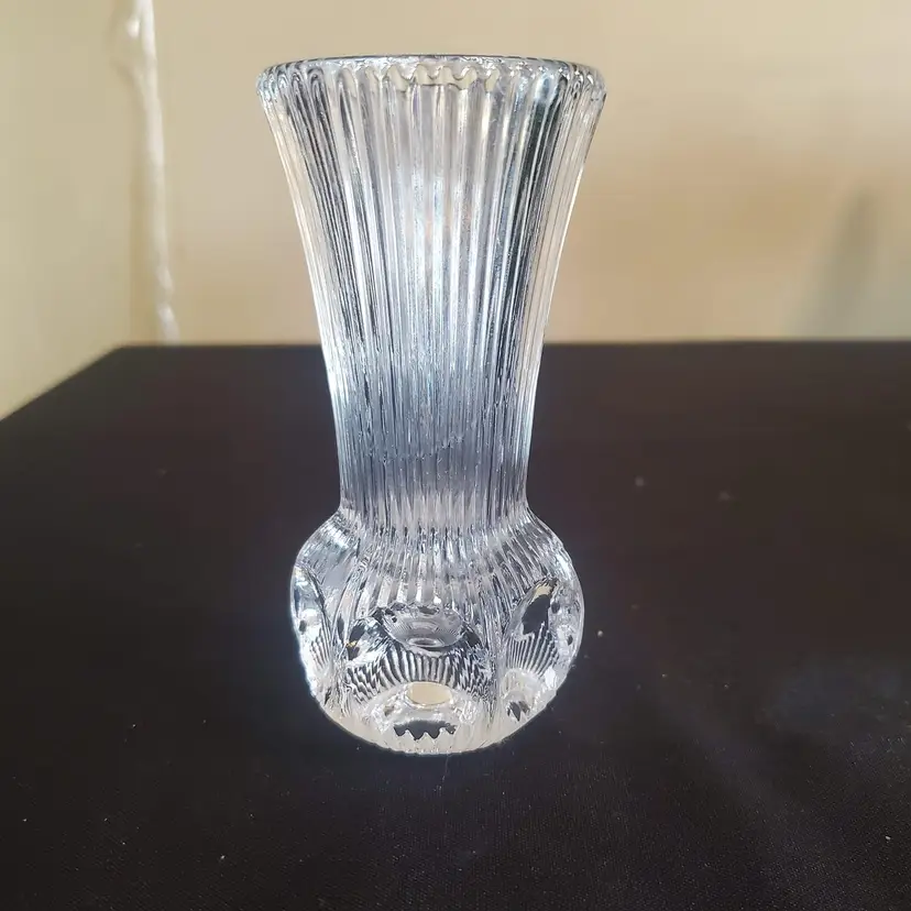 Vintage Fostoria Lead Crystal Bud Vase with Cut Ridges and  Concave Thumbprint design. Melissa Pattern.