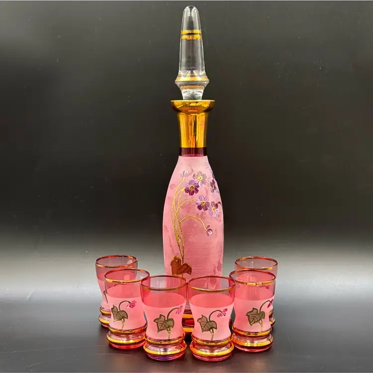 #01 Vintage Bohemian Decanter Set Czech MCM Cranberry Glass With with gold trim Some Satin Finish Flower And Leaf Art Hand Painted Czech