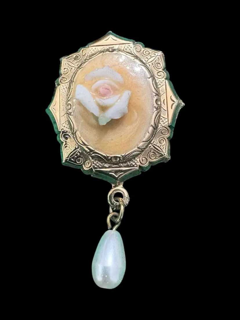 #01 74. Vintage Porcelain Flower Dangle Brooch