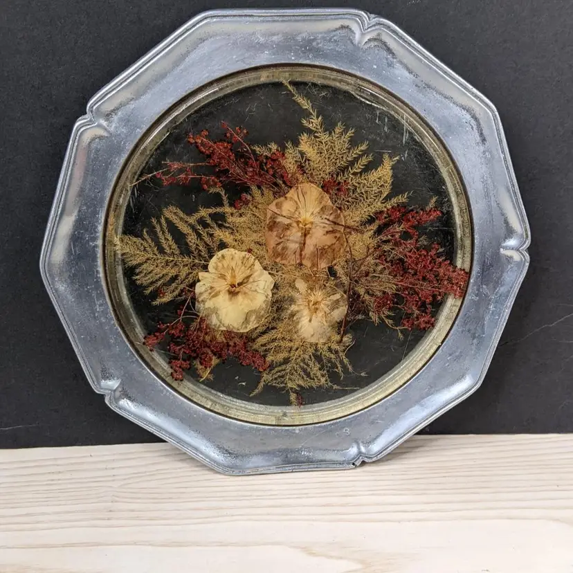 Vtg Colorflo Lucite Pewter Plate Trivet Tray Insert Pressed Flowers Wall Decor Boho 12in
