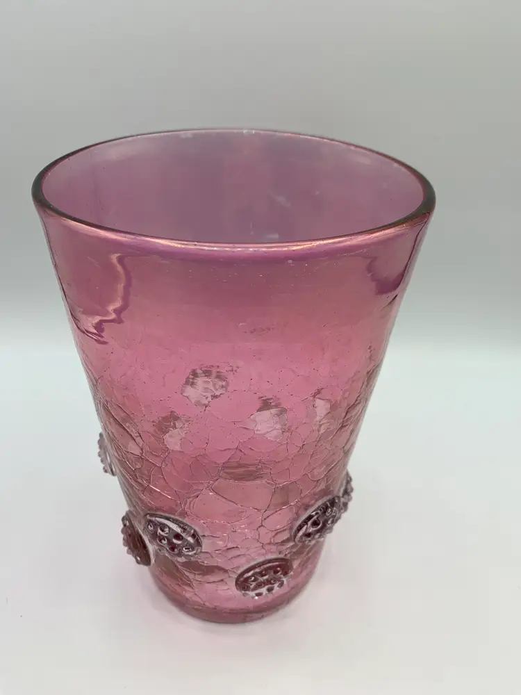 Vintage Blenko Pink Crackle Glass Vase Applied Medallions Art Glass MCM 7"