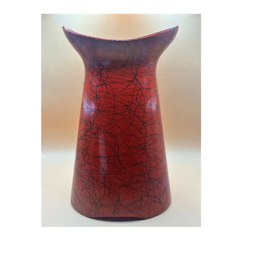 Vintage Mid Century Handmade Hand Painted Red Glazed Black Spaghetti Ceramic Vase