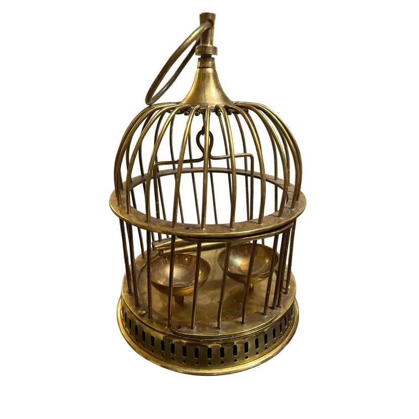 Vtg Brass Bird Cage 2 Feeders Perch Swing 9.25" Tall Decorative
