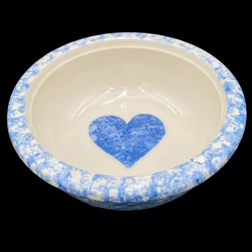 Vintage Friendship Pottery USA Blue Spongeware Bowl, Heart Design, Roseville, OH