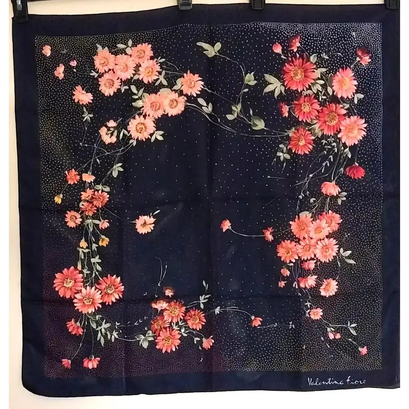 Vintage VALENTINA FIORE 30" Sq Blue & Floral SIGNATURE SCARF, Made in Italy