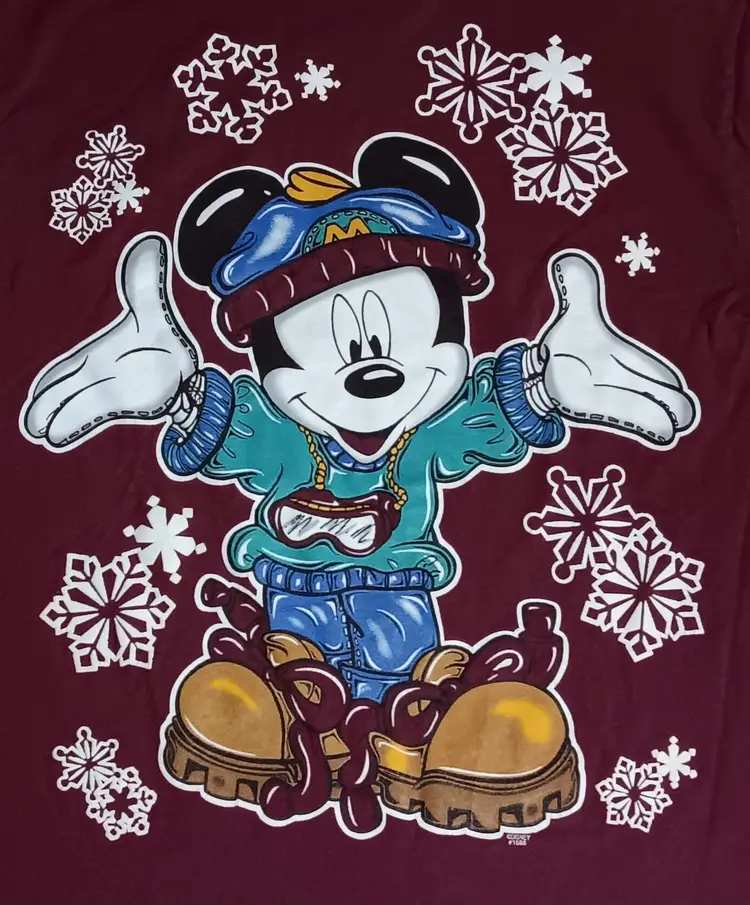 Vintage 90s Mickey Mouse Unlimited Ski Snow Winter Burgundy T-Shirt Minnie Goofy