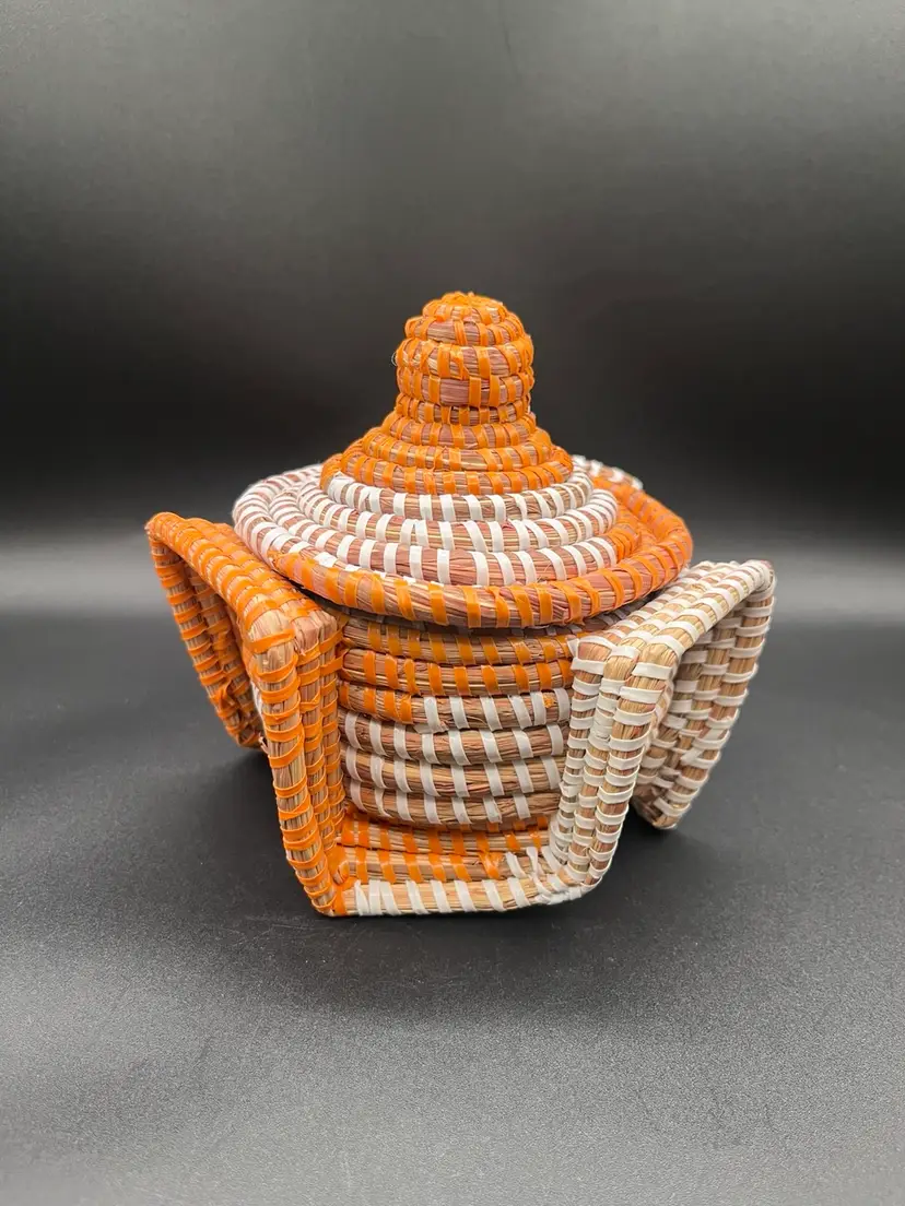 #15 Handwoven Senegalese Arya Orange And White Lidded Box 5.5”
