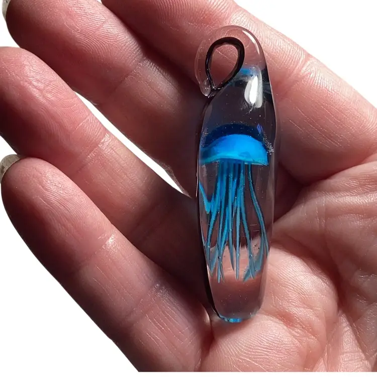 #01 - Jellyfish Glowy Pendant Very Thick Beautiful Glass 2x1”