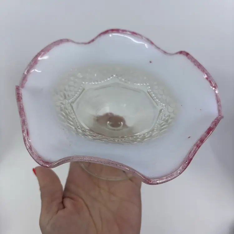 Antique Jefferson Glass Co White Opalescent Footed Compote with Cranberry Frit 7Dia 3.5H