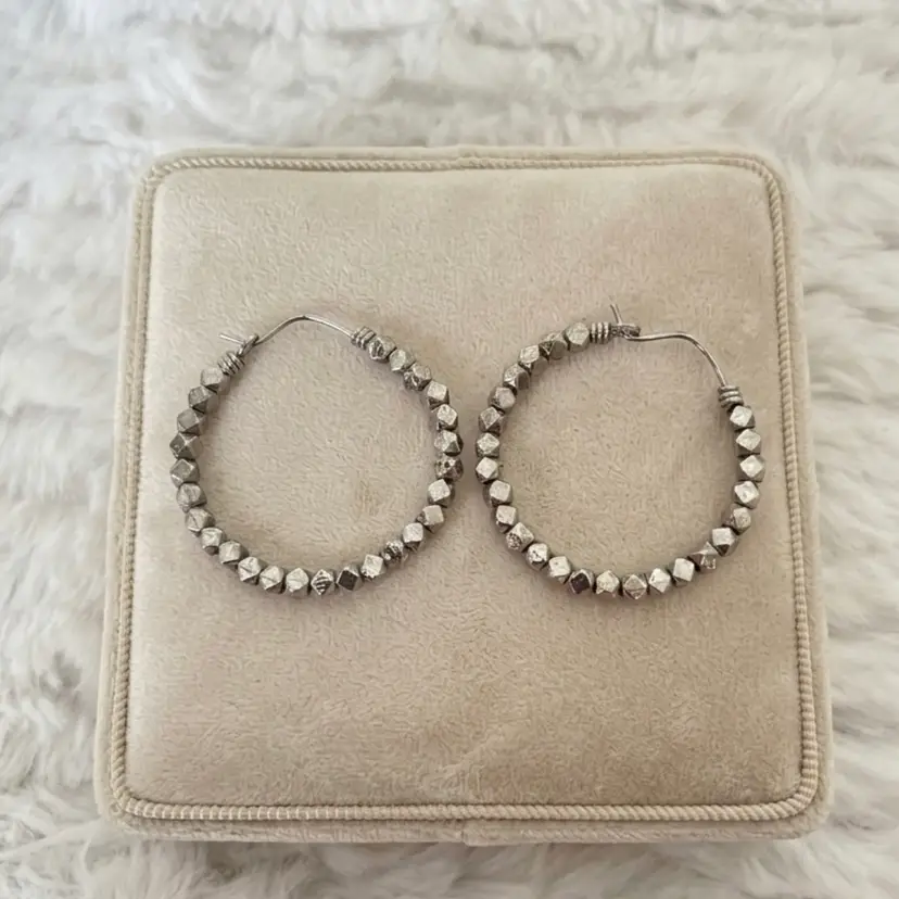 Silver-Tone Beaded Hoop Earrings – 1.5” Pierced