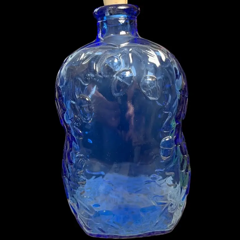 Very Nicely Produced Cobalt Blue Blue Bottle w/ Cork Stopper. Acorn & Leaf Design. Embossed CANADA on bottom