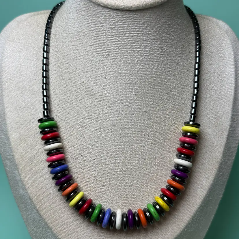 Hematite & Stone 17" Colors of the Rainbow Magnetic Therapy Necklace Barrel Closure