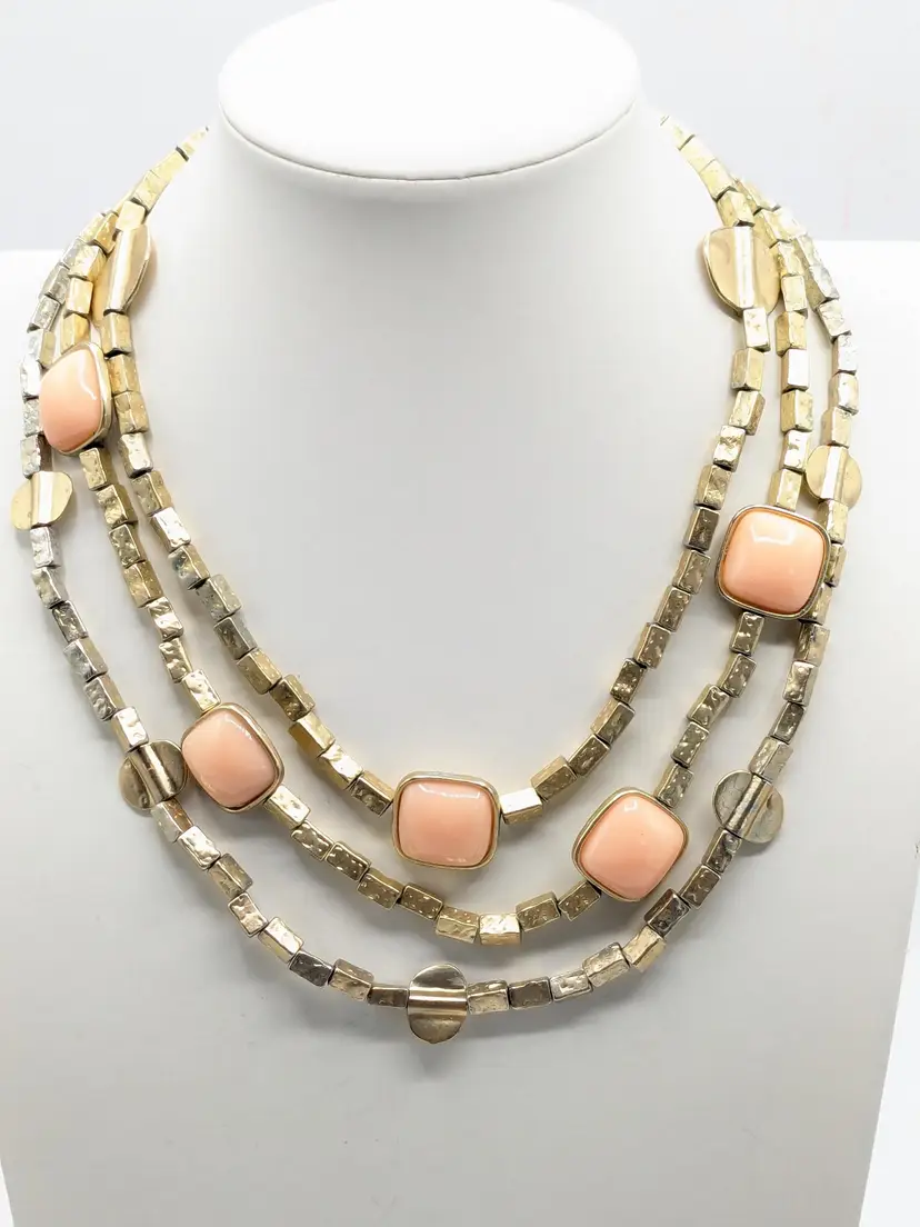 Vintage Multi-Strand Gold Tone Necklace with Blush Pink Cabochons