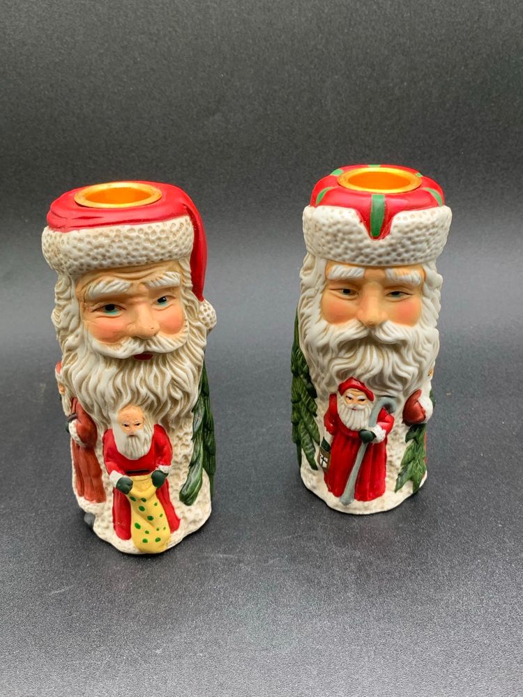 #01 CHRISTMAS SANTA CLAUS 5 INCH TAPER CANDLE HOLDER SET OF 2. Vintage