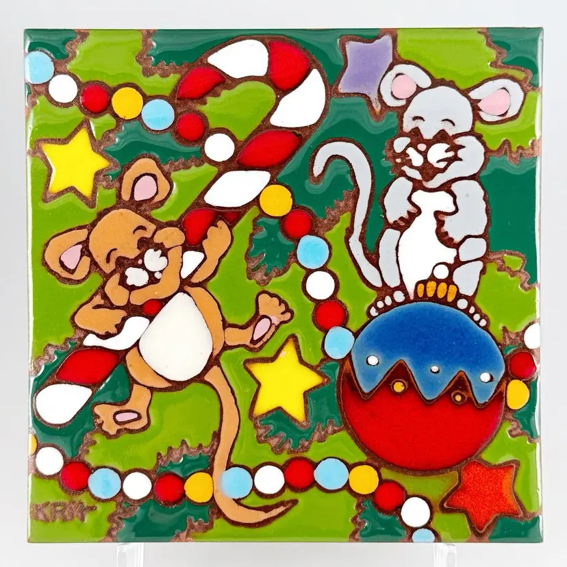 Earthtones Krit "Holiday Mice", Hand-Painted Ceramic Christmas Tile, Vintage 1995 USA
