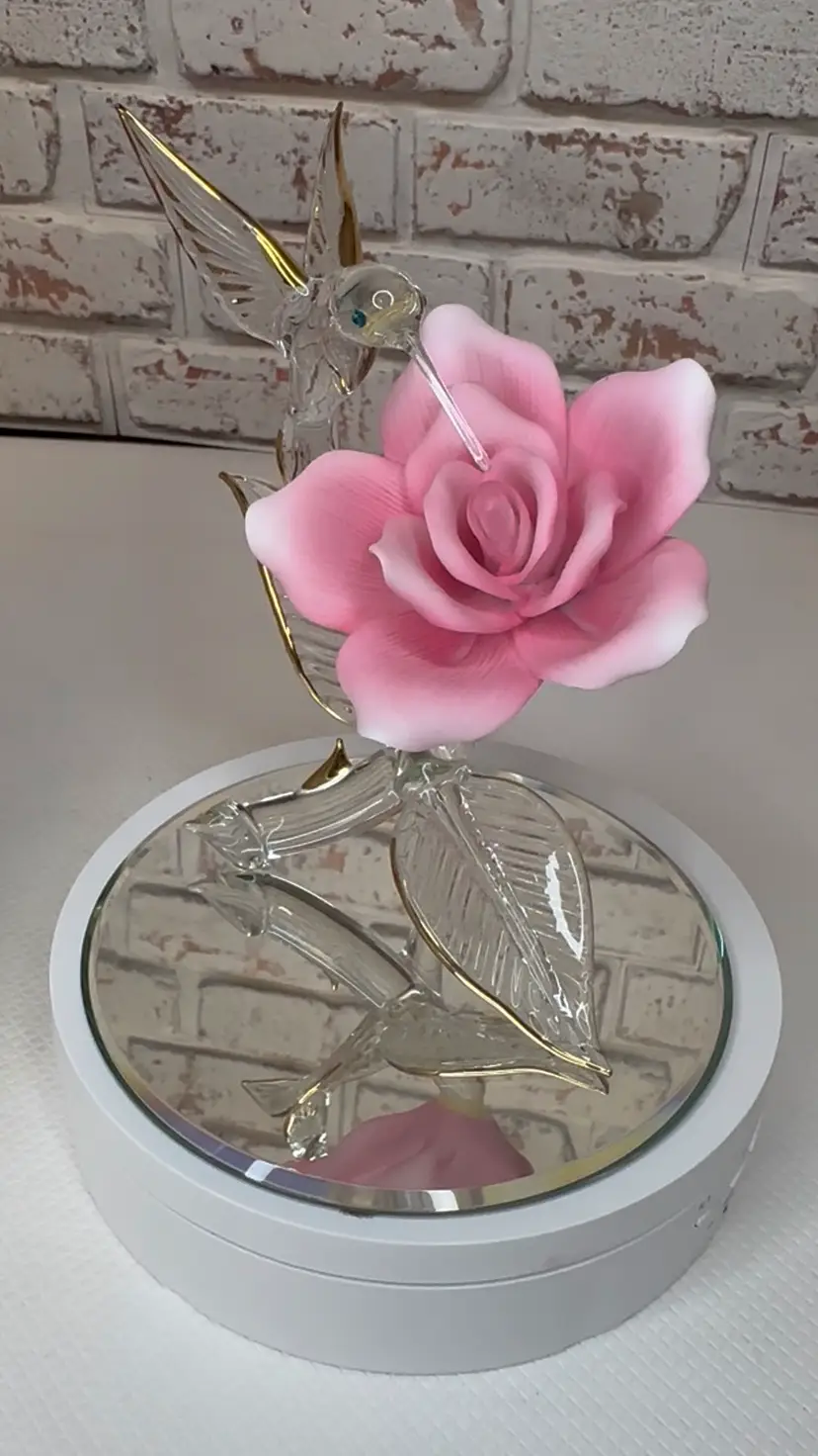 Read 6” Tall Glass Baron Hummingbird On Branch With Pink Porcelain Rose, It’s a Hummingbird 1998