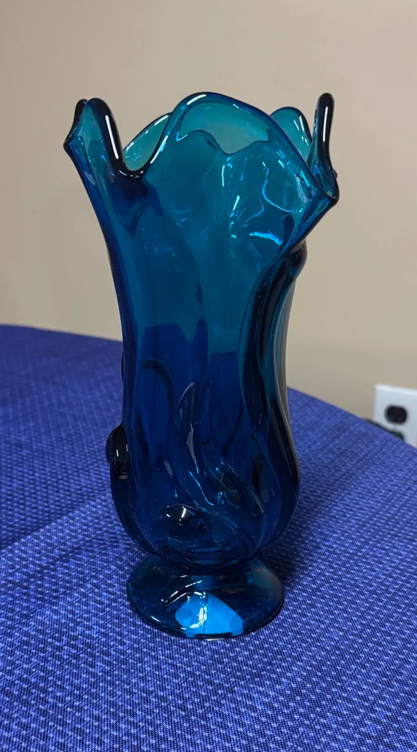 Fenton Teal Blue Waterlily Glass Vase 9” tall