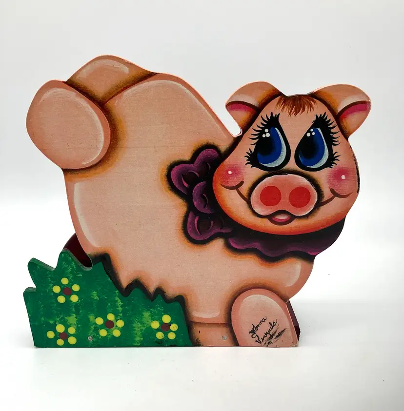 BIN - Adorable Hand Painted Wood Pig Napkin Letter Holder, Signed