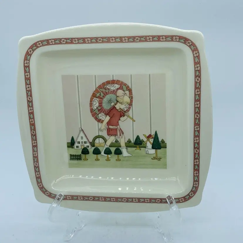 #4814 Royal Doulton Minton Golden Days Square dish Girl with Parasol Umbrella Garden