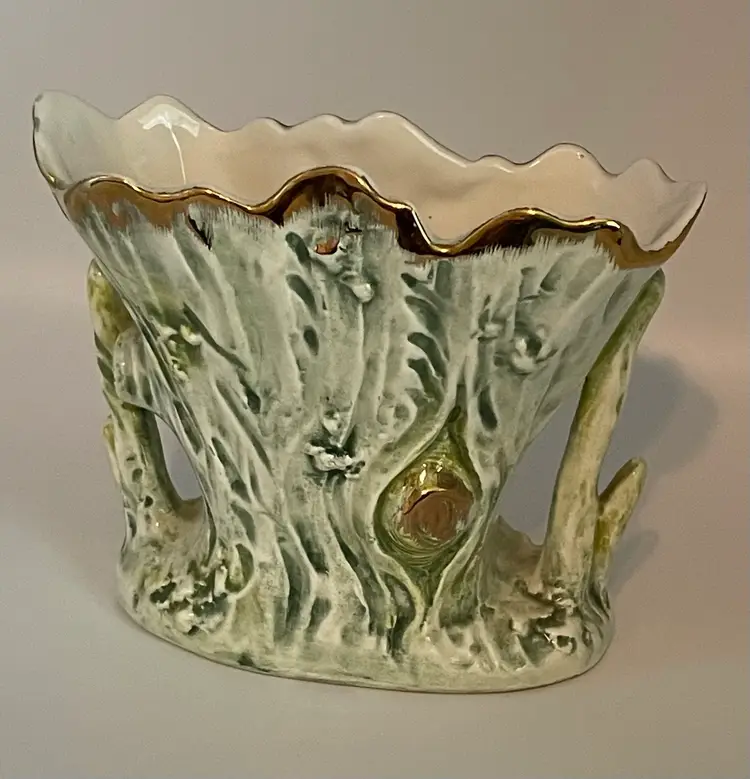 Vintage Japan Ceramic UCAGCO Yellow Bird Canary Tree Trunk Planter Vase Green And Gold