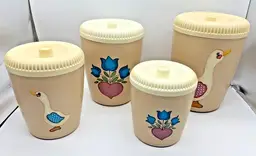 Vintage 90s Nesting Plastic Beige Canister Set Ducks Flowers Hearts Retro Granny