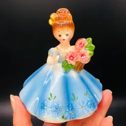 Vintage 60s Giftcraft Blue Dress Pink Bejeweled Flower Girl - Japan