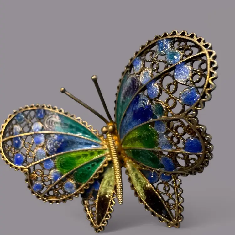 Vintage Filigree Enameled .800 Silver Butterfly Brooch 2.25”