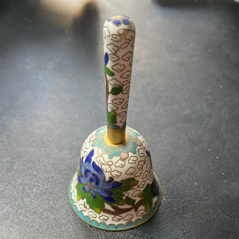 Miniature Vintage Chinese Brass Cloisonne Hand Bell