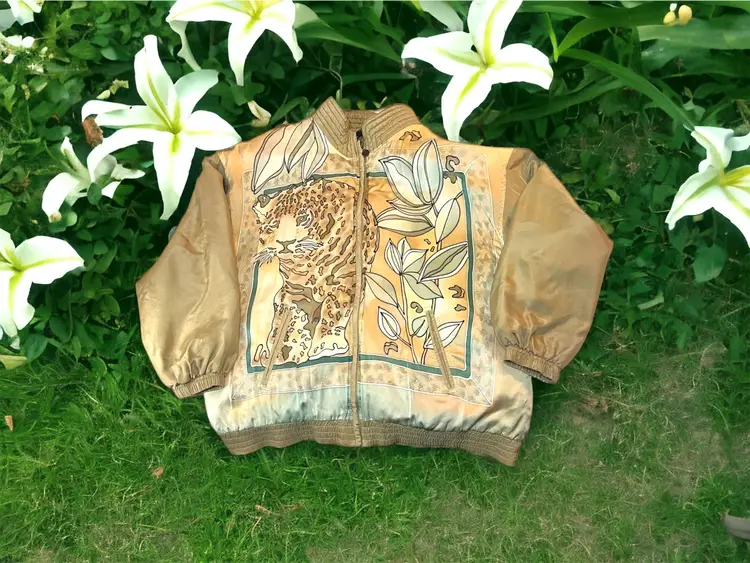 Muriel Women's Silk Track Suit Jacket  Size XL Lined Cheetah Print Grandma Core