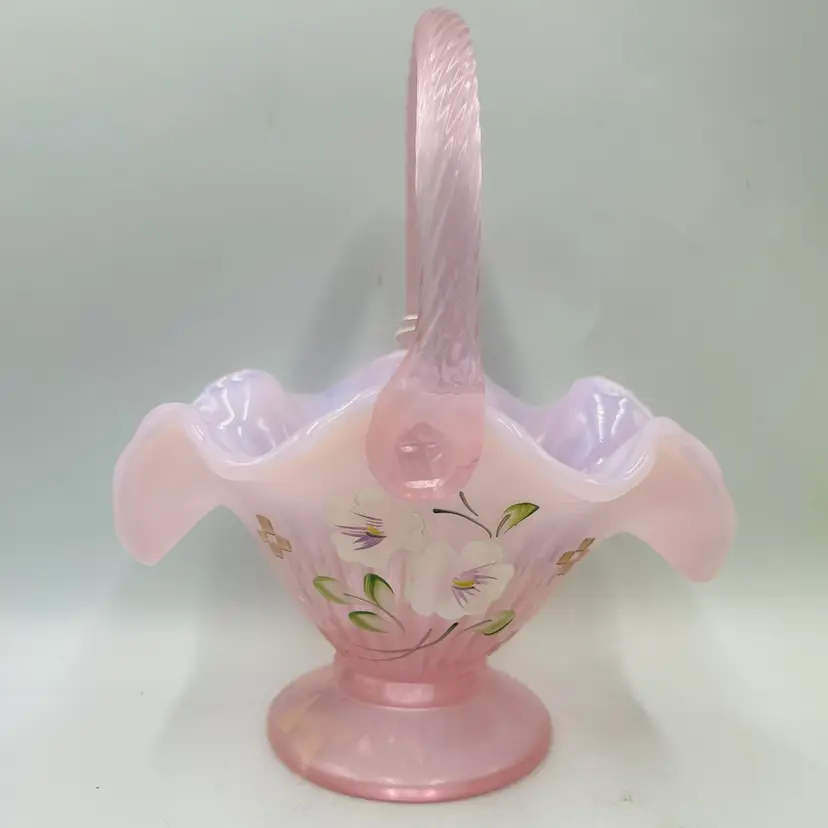 Fenton Pink Opalescent Hand Painted Glass Basket