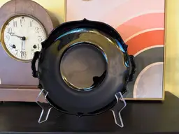 Vintage Black Amethyst Glass Handled Bowl — Scalloped Rim Serving Dish — Elegant Depression Glass Centerpiece