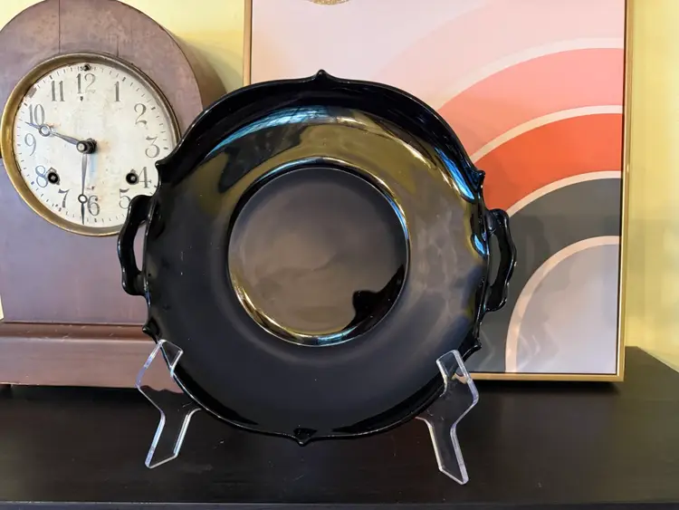 Vintage Black Amethyst Glass Handled Bowl — Scalloped Rim Serving Dish — Elegant Depression Glass Centerpiece