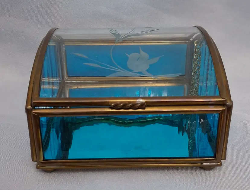 Vintage Via Vermont Etched Glass Jewelry Trinket Box with Stained Glass Panels