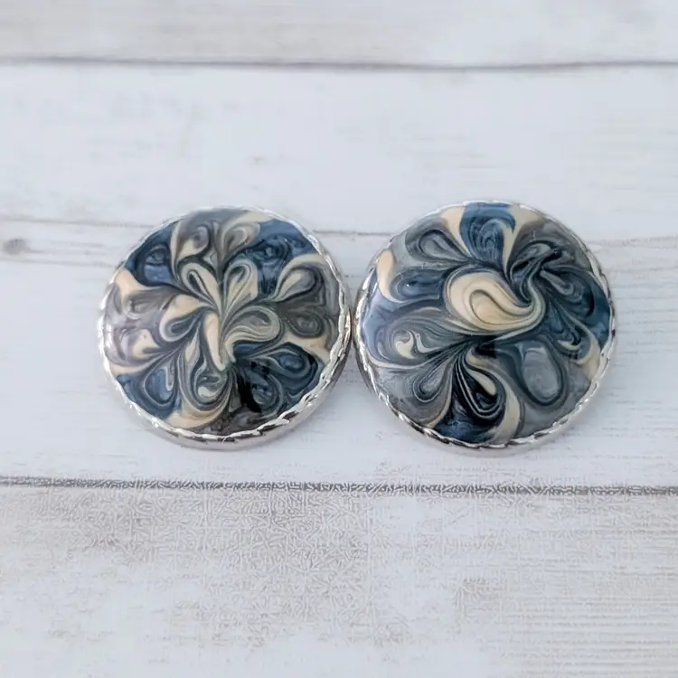Vintage Clip On Earrings Statement Cream & Blue Swirls Large 1 & 1/8"