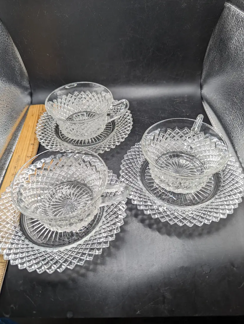 Vintage Lot of 3 Anchor Hocking Miss America Pattern Cups and Saucers As Is