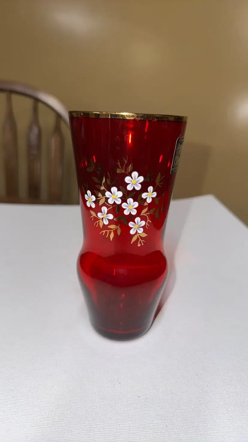 Bohemian Red Vase With Hand Painted Floral Design 6” VCELNICKA A Ruckl & Sons