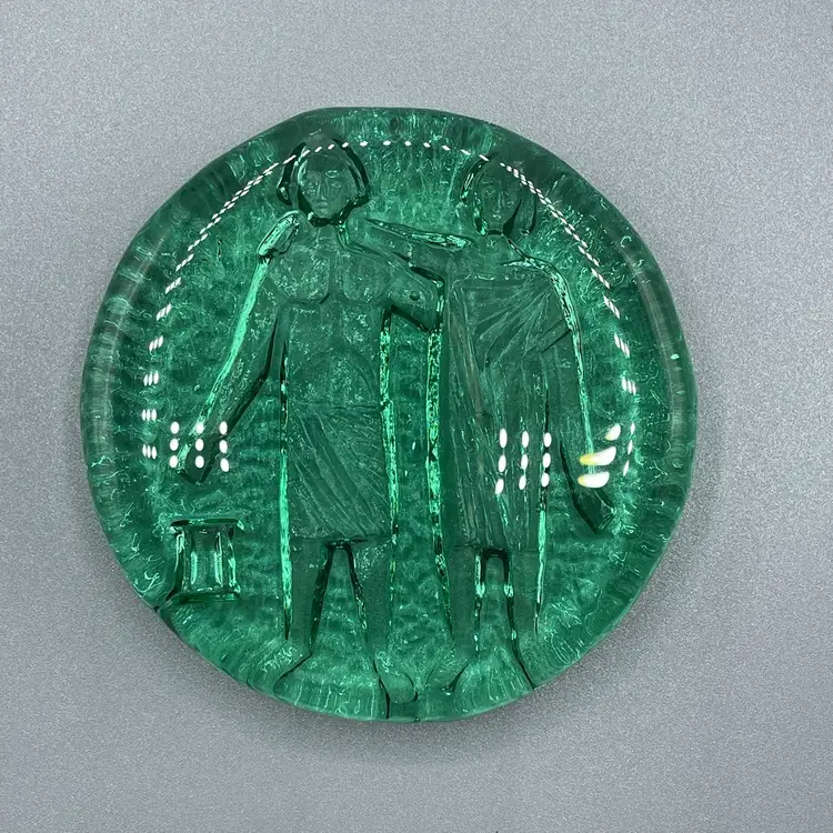 Blenko Glass Zodiac Paperweight Gemini Teal Sea Green